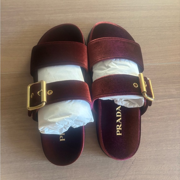 Prada Shoes - Prada Red Velvet Sandals with Gold Accent